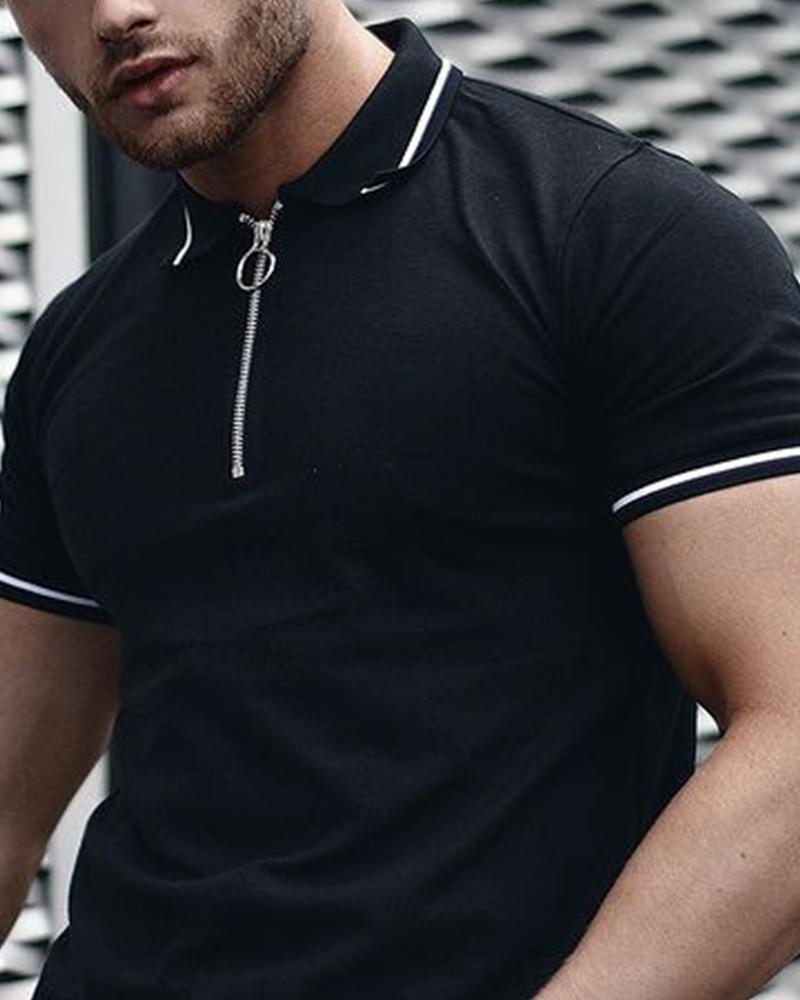 

Color Border Short Sleeve Polo Collar T-shirts Shirts, Black