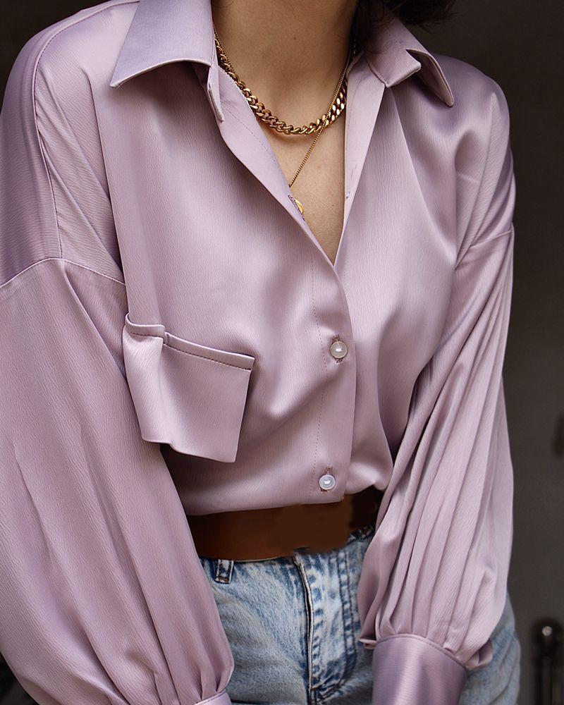 

Lantern Sleeve Button Front Satin Shirt, Purple