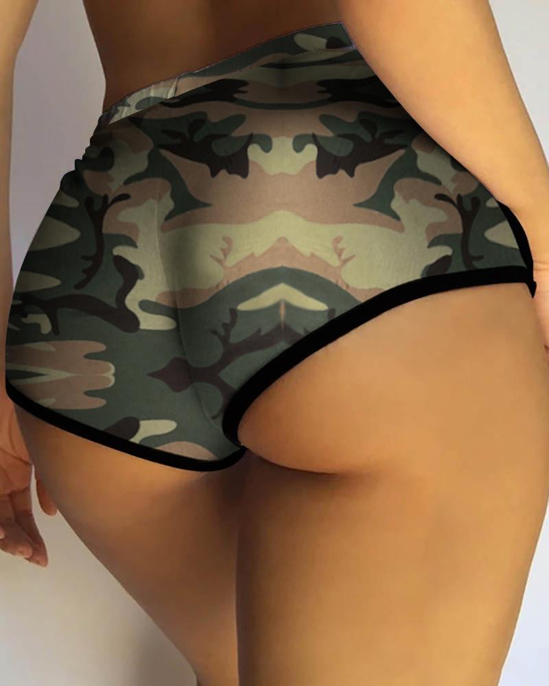 

Camouflage Print Contrast Binding High Waist Skinny Shorts, Camoflage