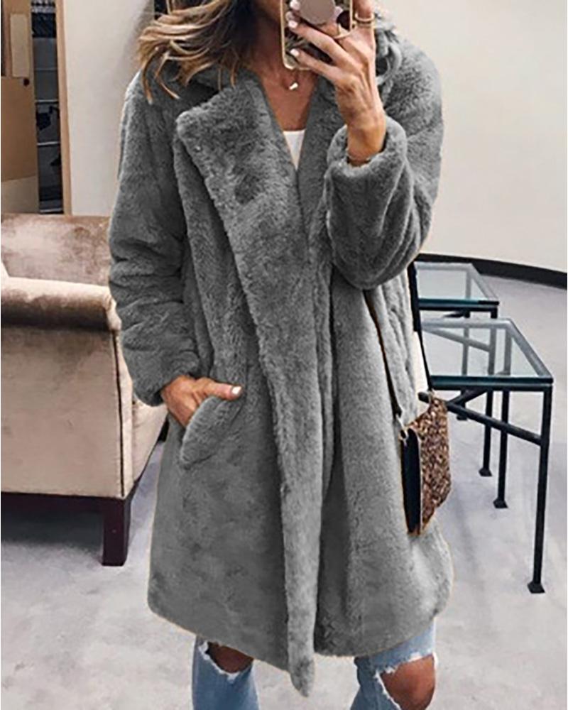

Pocket Design Long Sleeve Faux Fur Coat, Dark grey