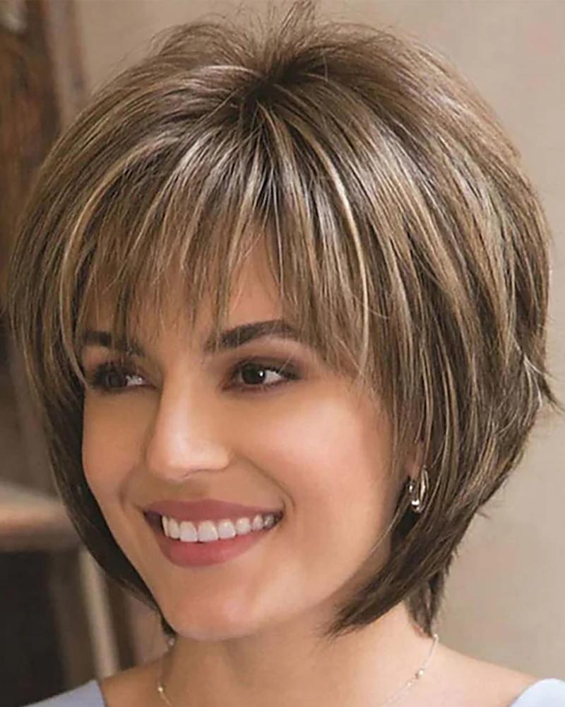 

Pixie Cut Short Layered Straight Mixed Brown Synthetic Hair Wig With Bangs, Style1