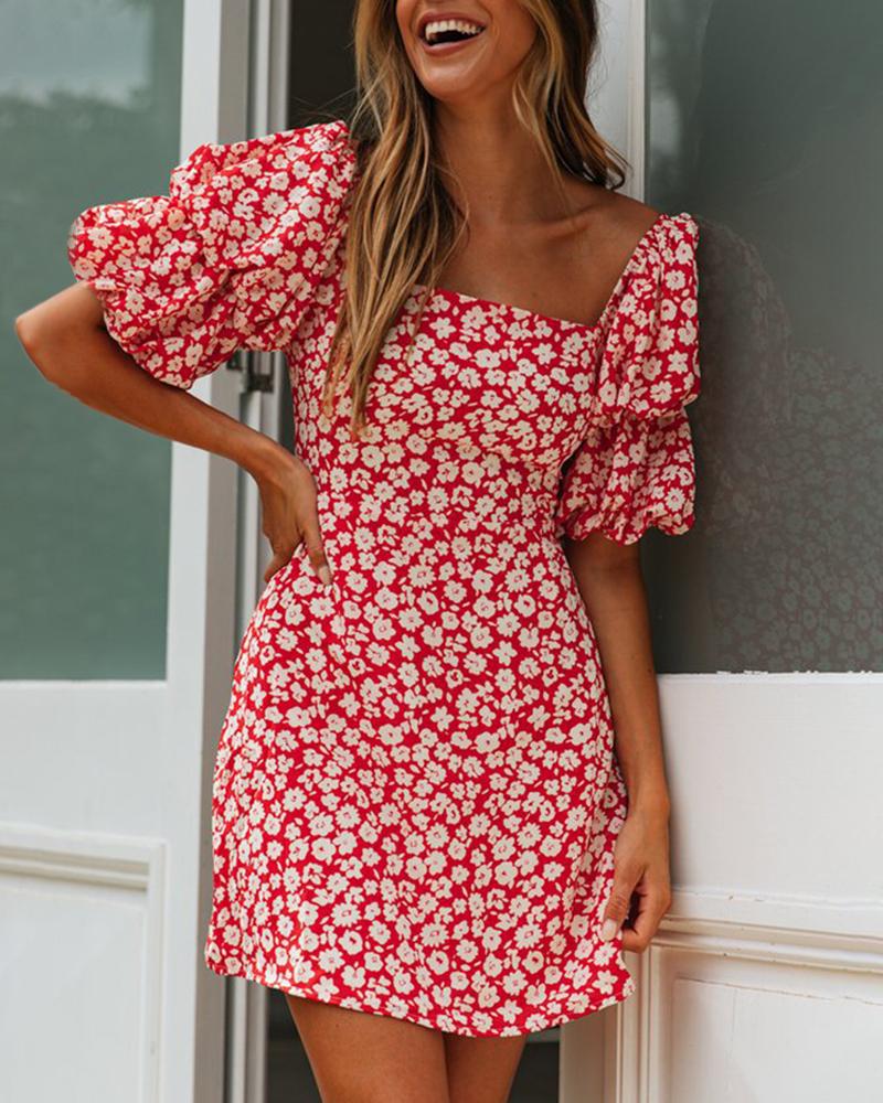 

Square Neck Puff Sleeve Floral Print Dress, Red