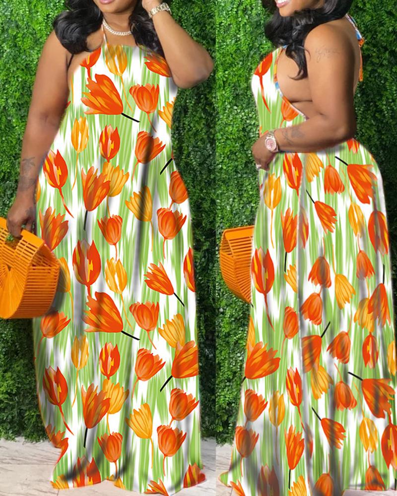 

All Over Print Halter Backless Cami Maxi Dress, Green