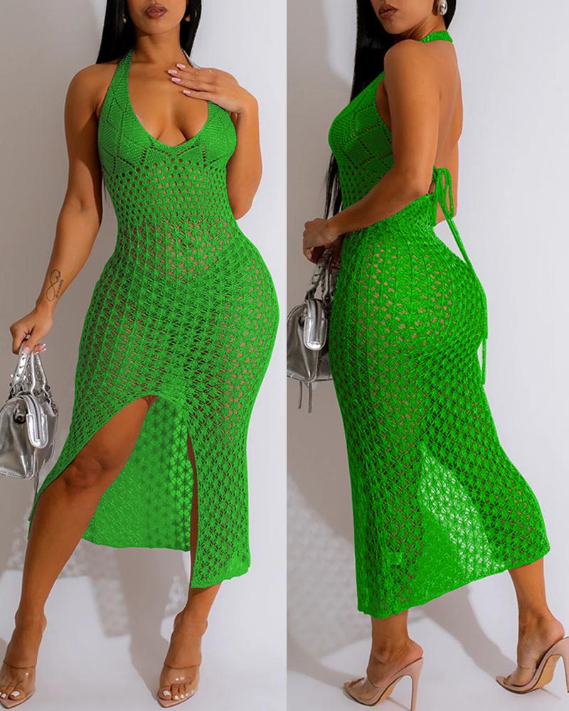 

Halter Tied Detail Hollow Out Crochet Bodycon Dress, Green