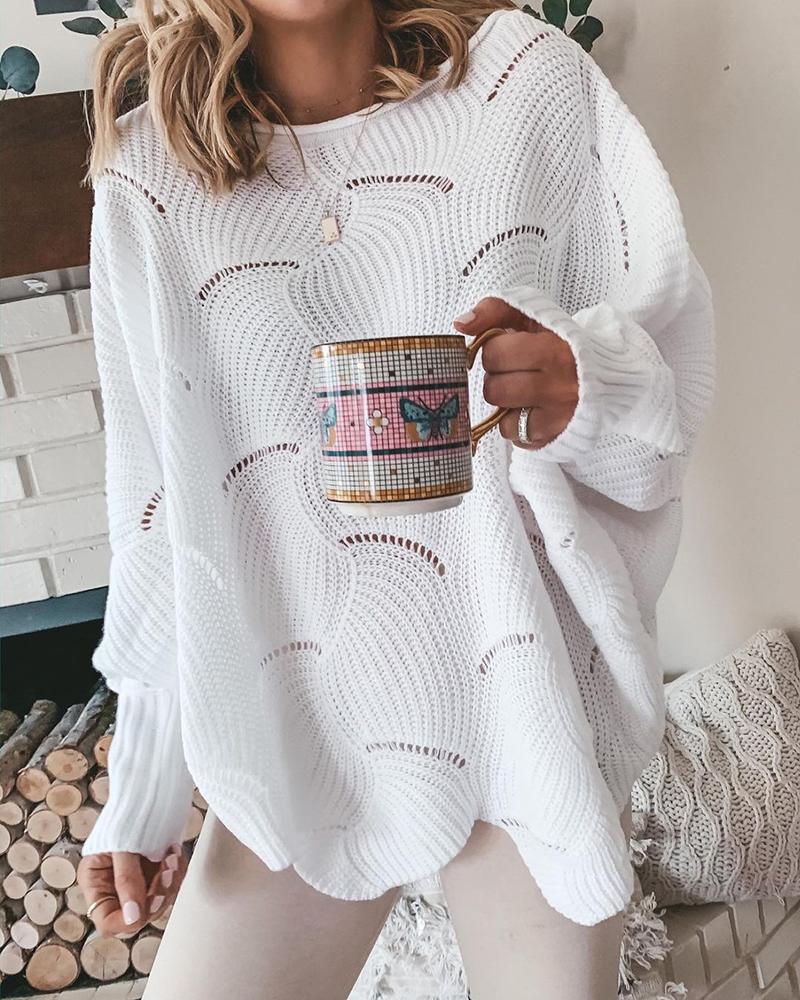 

Hollow Out Long Sleeve Knit Casual Sweater, White