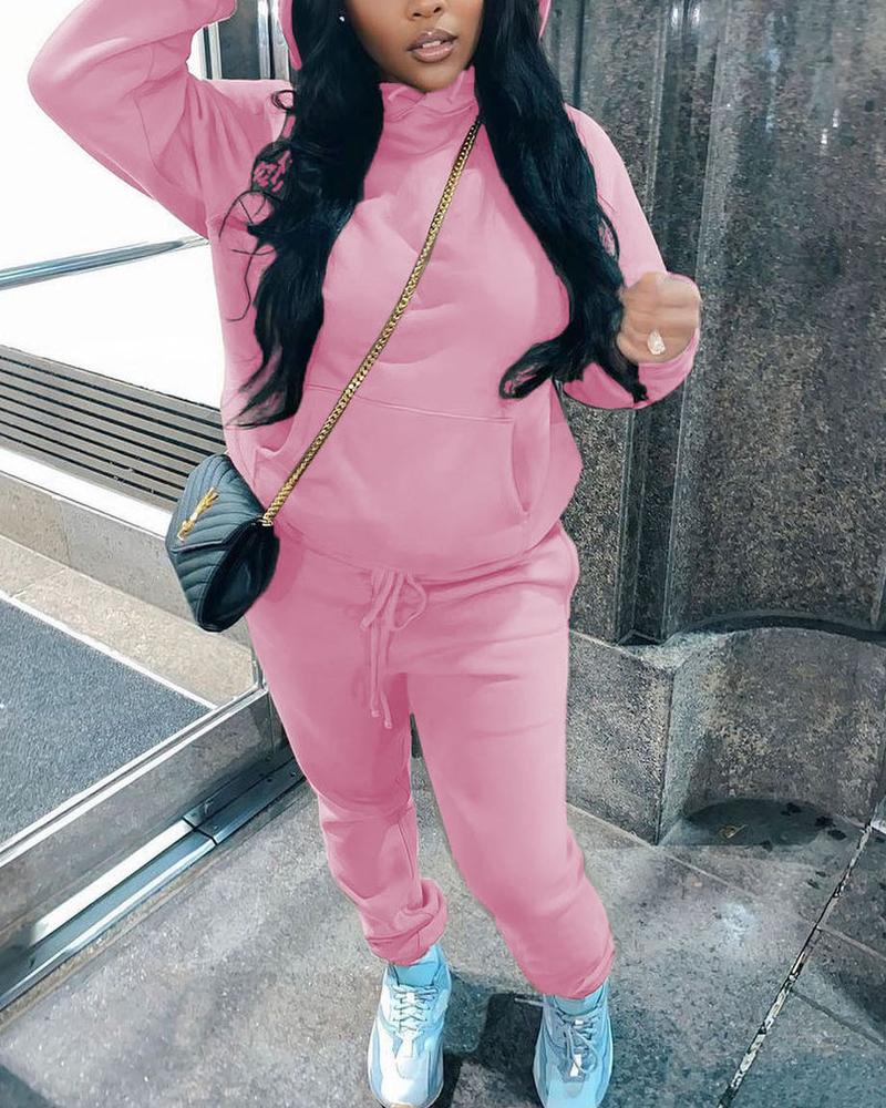 

Plus Size Long Sleeve Drawstring Hoodie & Pants Set, Pink