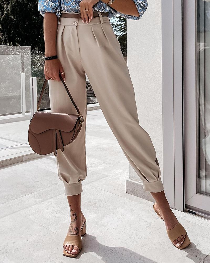 

Single Button High Waist Casual Pants Without Belt, Apricot