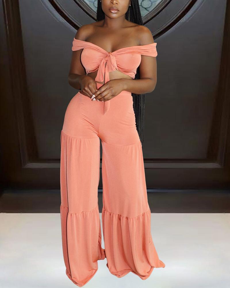

Solid Short Sleeve Strappy Cropped Blouse With Wide Leg Suit Sets, Pink