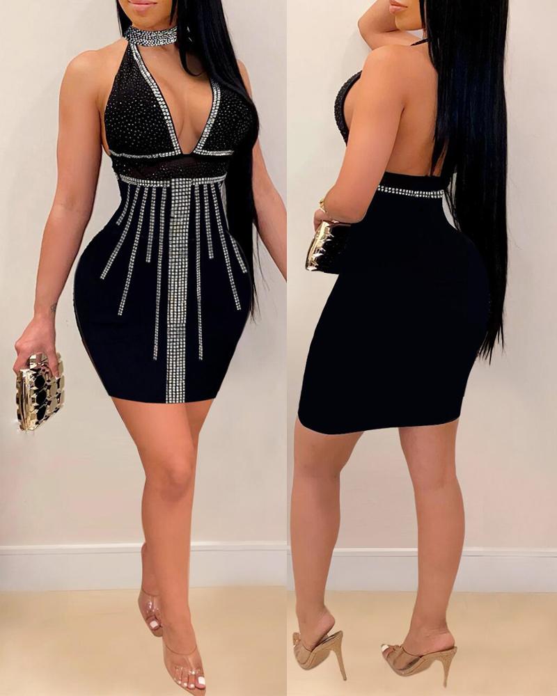 

Rhinestone Decor Cutout Halter Backless Party Dress, Black