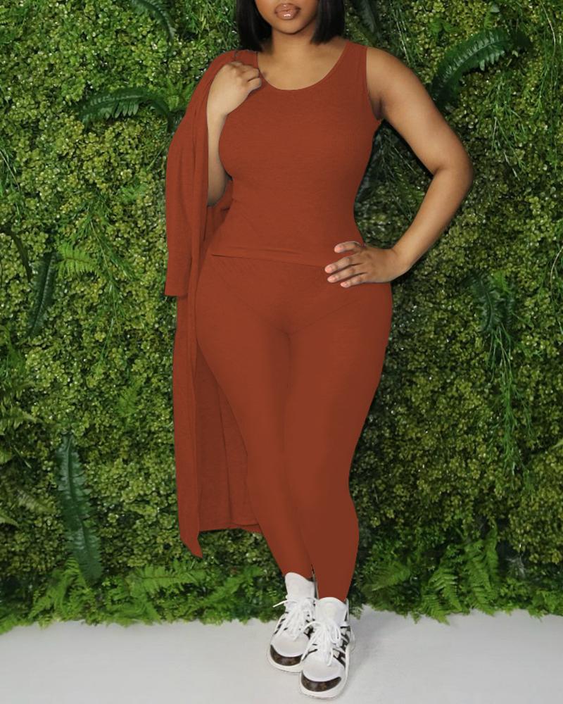 

Tank Top & High Waist Pants Set With Coat, Brown