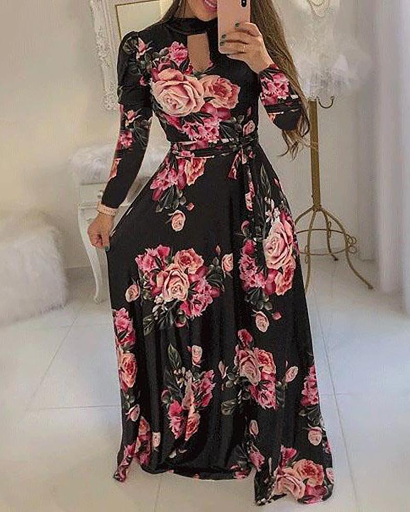 

Long Sleeve Print Maxi Dress, Black