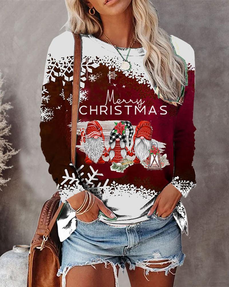 

Christmas Snowflake Gnomes Print Long Sleeve Top, Red