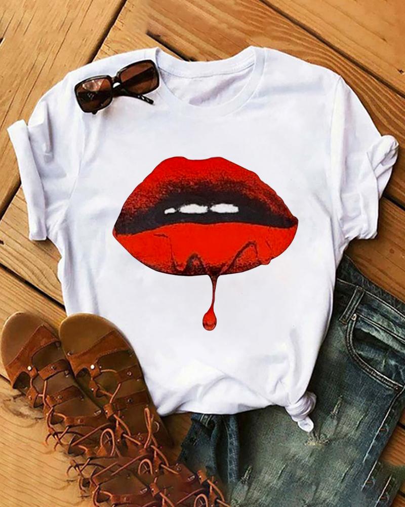 

Lip Print Crew Neck Casual T-shirt, White