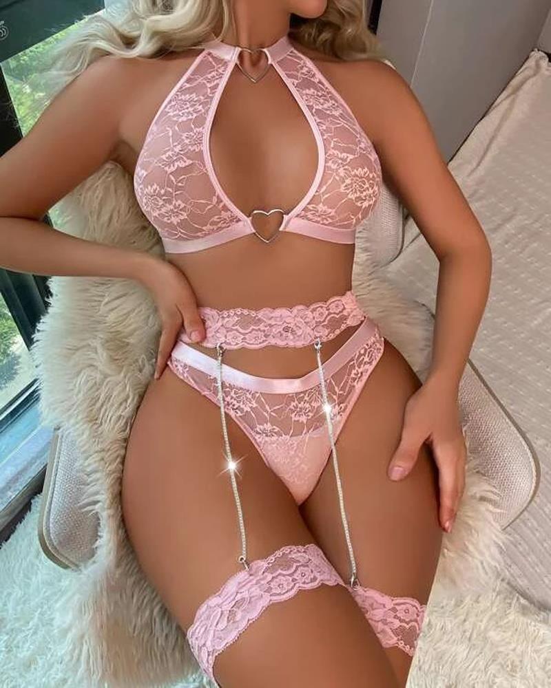 

Heart-Ring Chain Decor Cutout Lace Garter Lingerie Set, Pink
