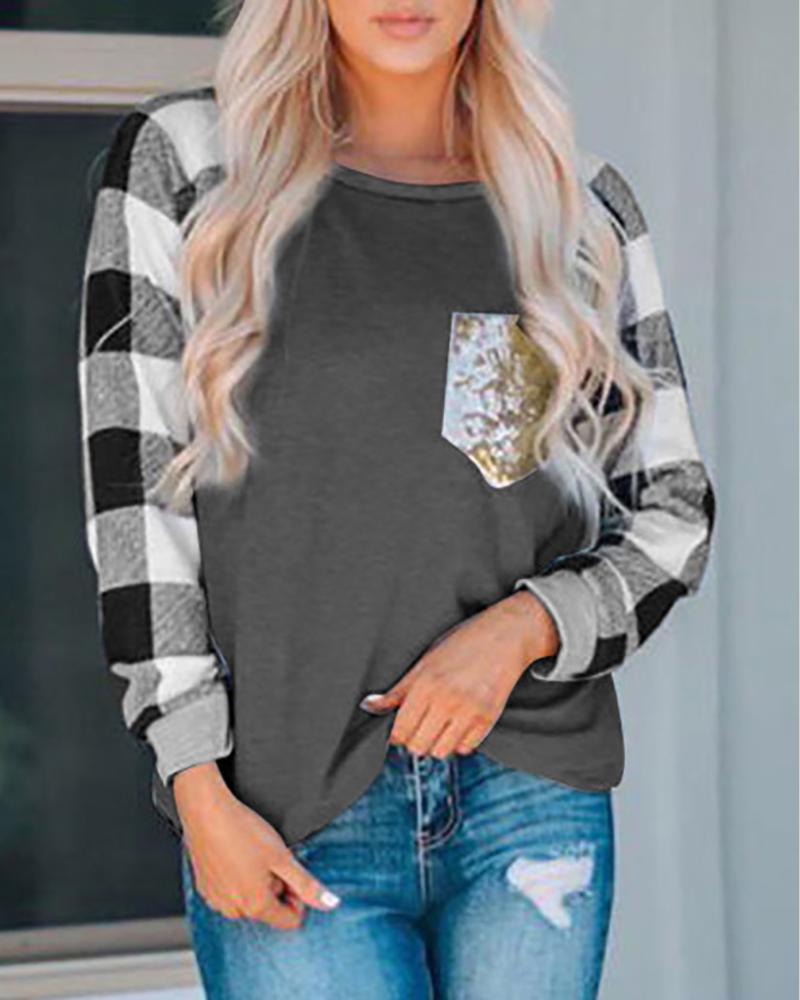 

Sequins Pocket Plaid Print Long Sleeve Top, Dark grey