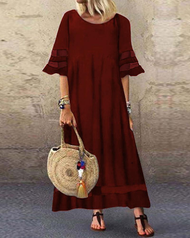 

Sheer Mesh Patch Flutter Sleeve Maxi Dress, Wine red