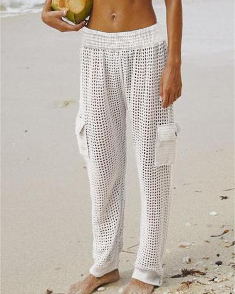 

Hollow Out Pocket Design Cover Up Pants, White