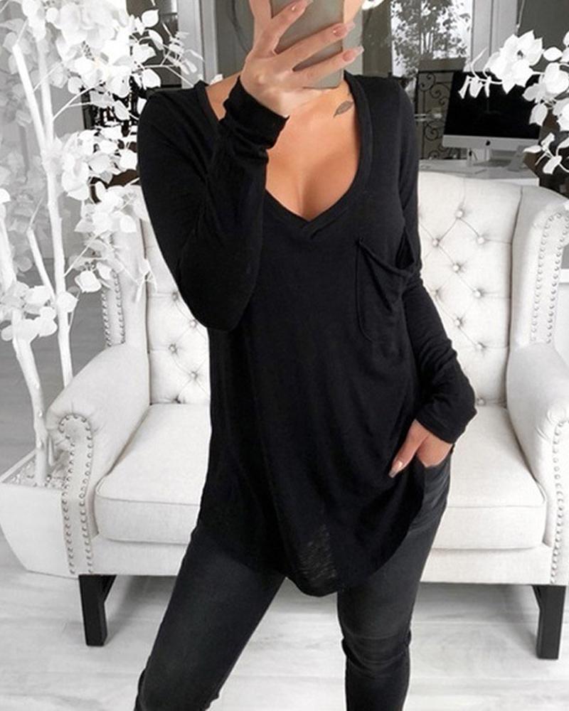 

Plus Size Pocket Detail Long Sleeve Top, Black