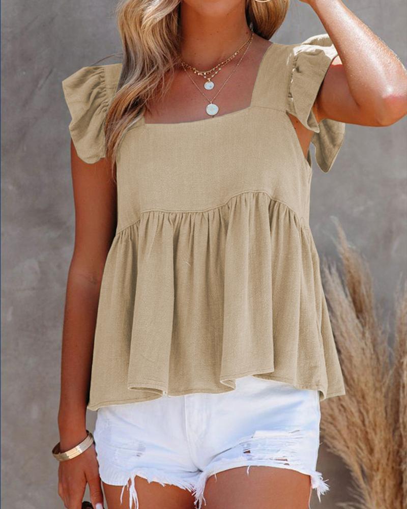 

Square Neck Flutter Sleeve Peplum Top, Khaki