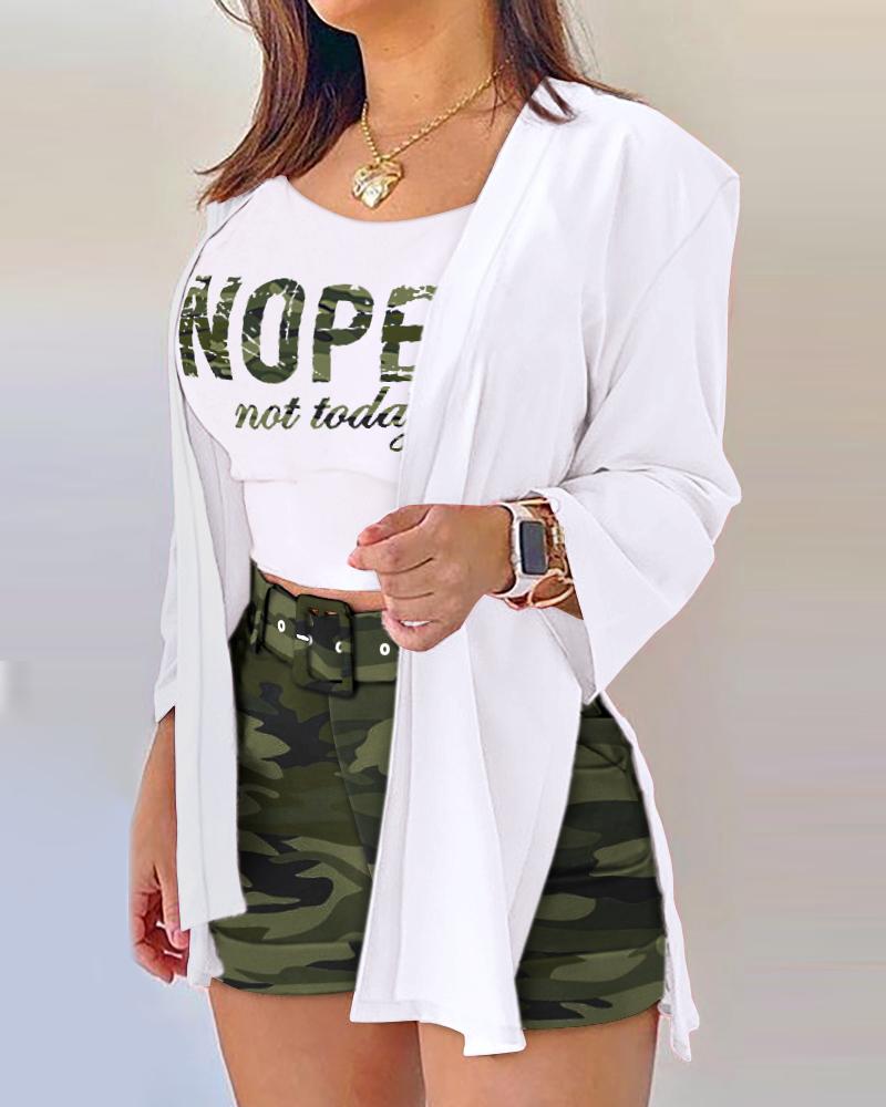 

3PCS Camo Letter Print Cami Top & Shorts & Coat Set With Belt, Camoflage