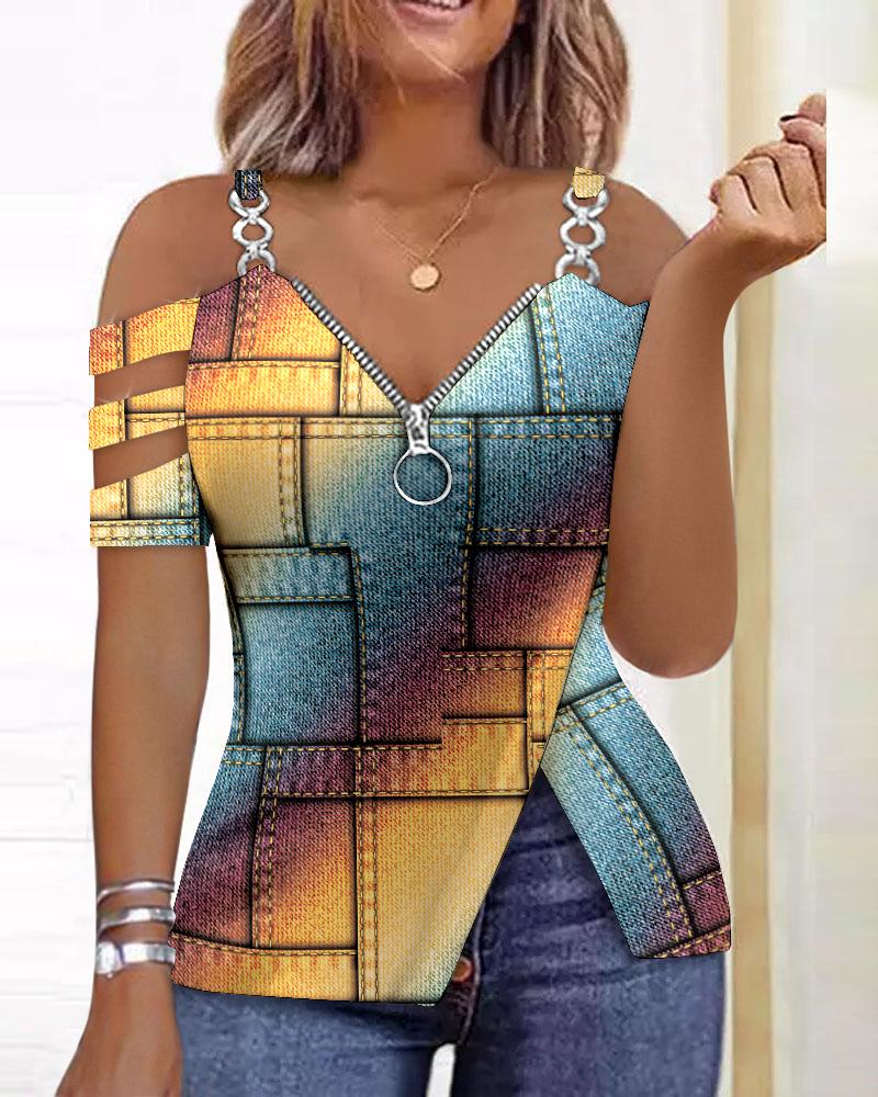 

Denim Look Print Rainbow Ombre Split Hem Cold Shoulder Top, Multicolor
