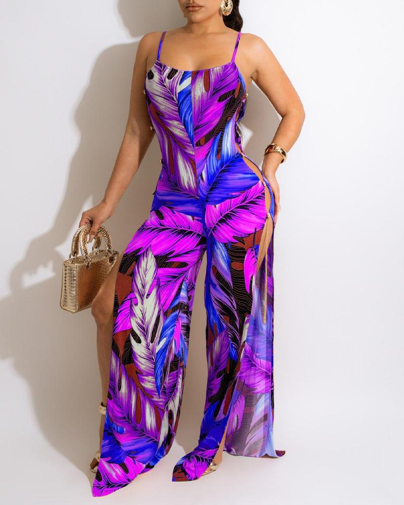 

Tropical Print High Slit Side Jumpsuit, Hot pink