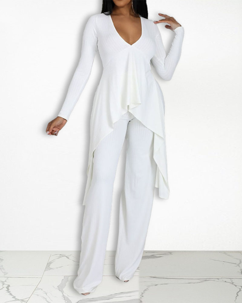 

Long Sleeve Asymmetrical Top & Pants Set, White