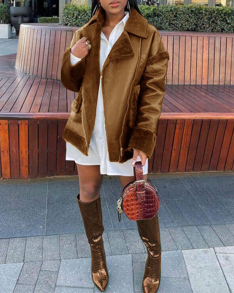 

Zipper Front Fuzzy Detail PU Leather Puffer Coat, Brown