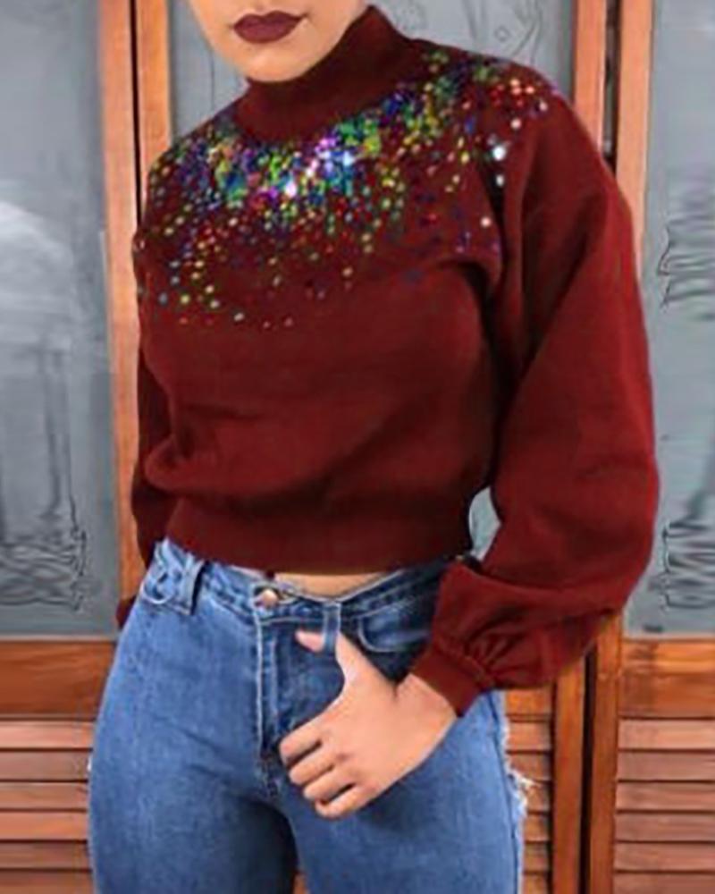 

Studded Colorblock Long Sleeve Top, Wine red