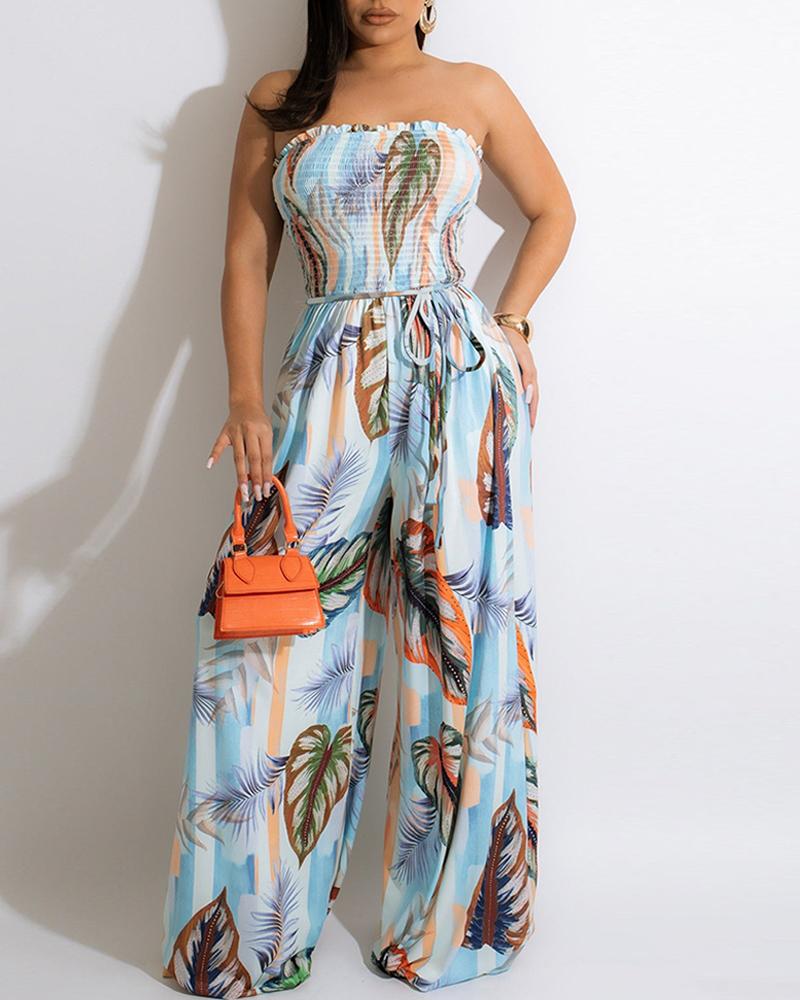 

Shirred Tropical Striped Print Wide Leg Jumpsuit, Blue