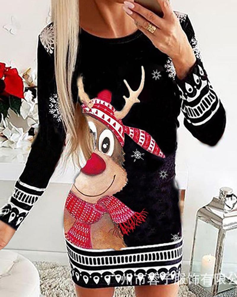 

Christmas Mixed Print Long Sleeve Dress, Style3