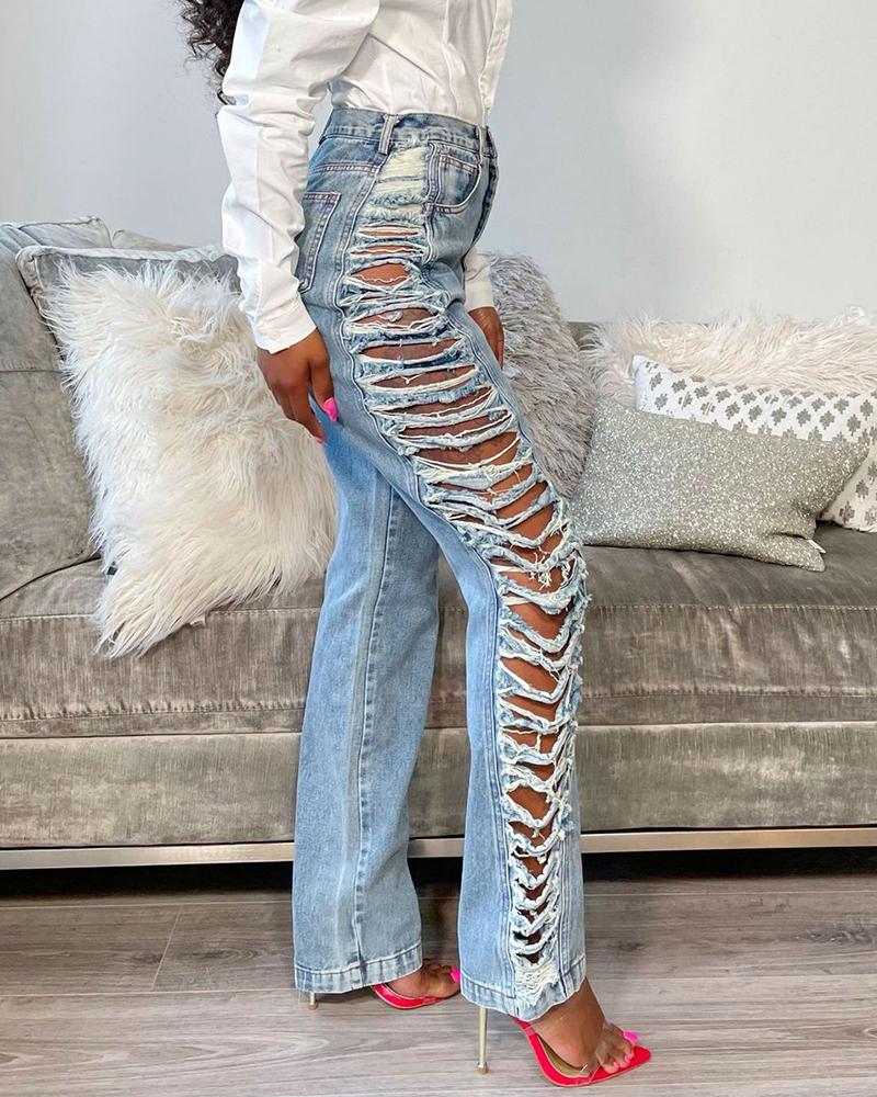 

Ripped Cutout Pocket Design High Waist Jeans, Blue