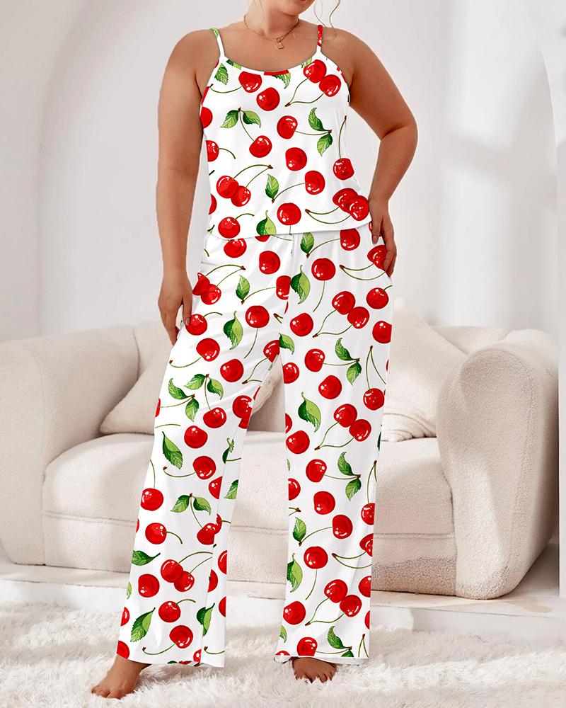 

Plus Size Cherry Print Straight Leg Sleeveless Pajamas Set, White