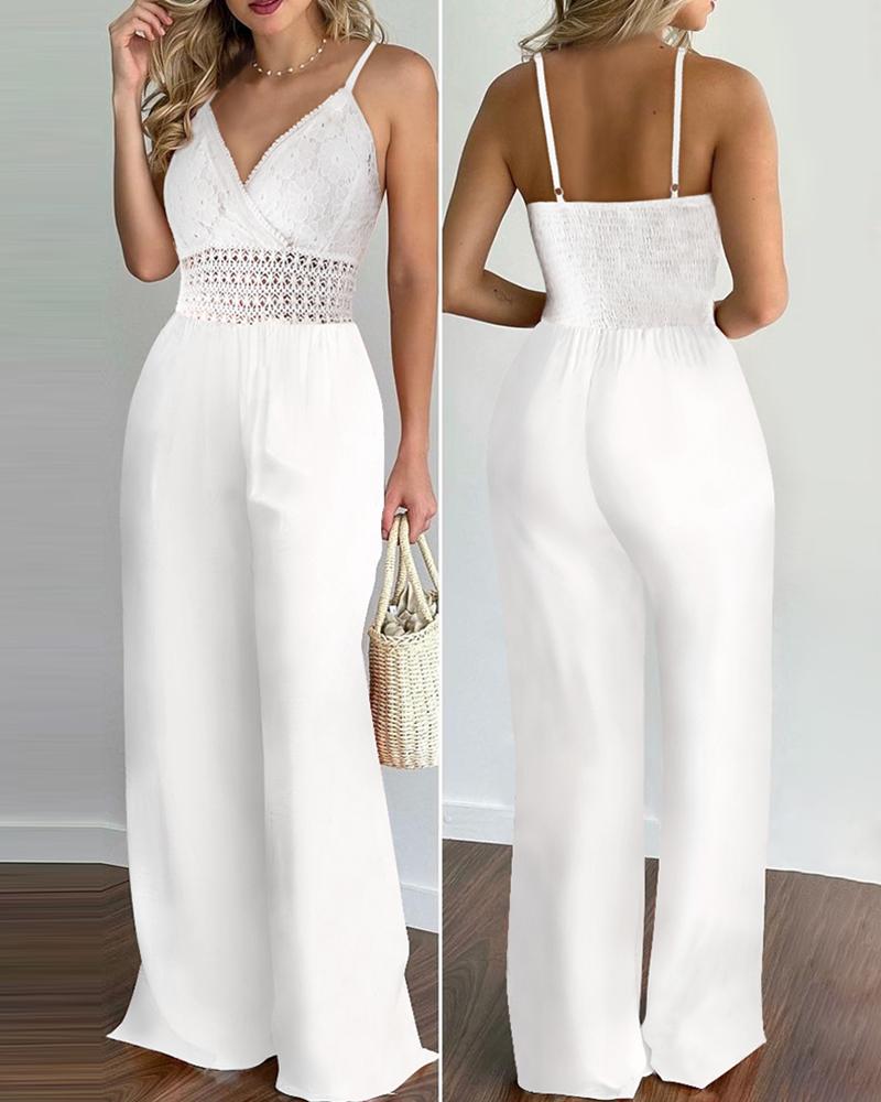 

Spaghetti Strap Lace Contrast Jumpsuit, White