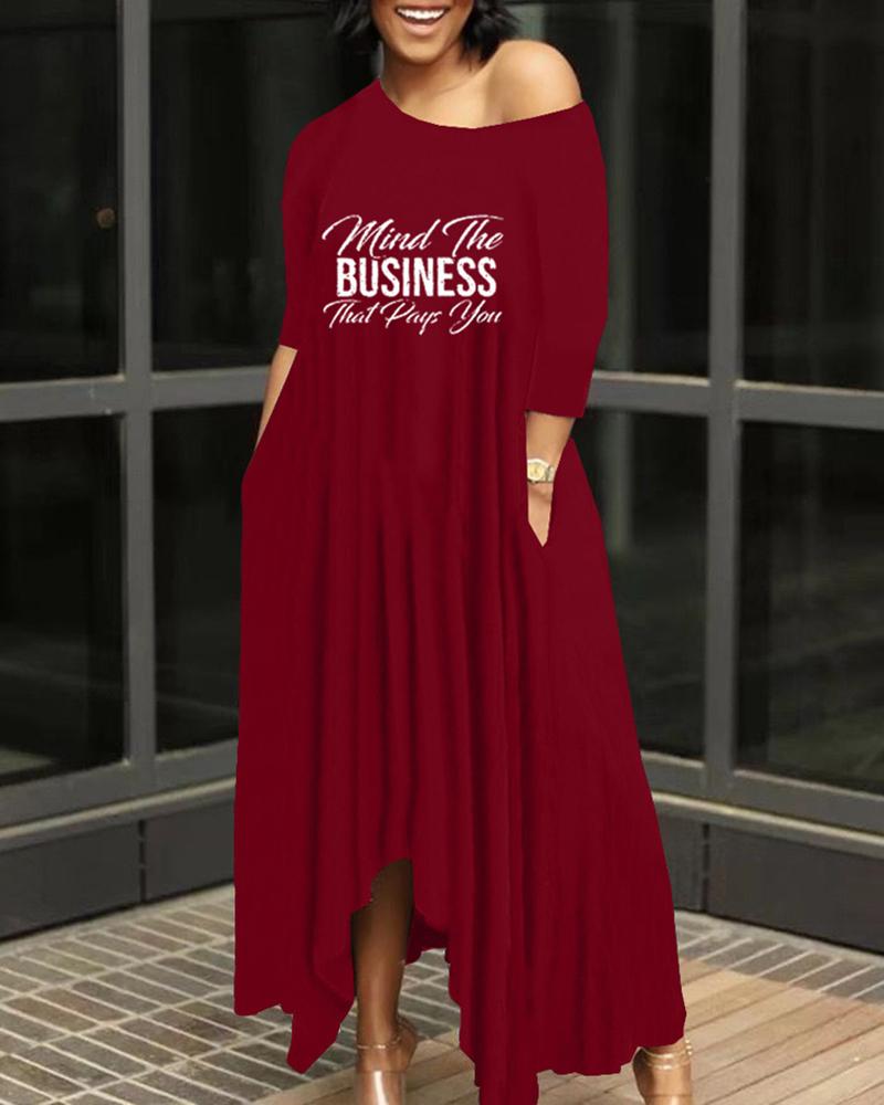

One Shoulder Letter Print Pocket Design, Wine red