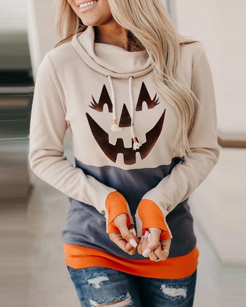 

Halloween Pumpkin Colorblock Long Sleeve Hooded Top, Gray