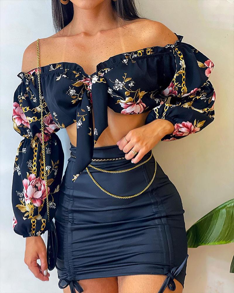 

Floral Print Off Shoulder Crop Top & Drawstring Skirt Set, Black