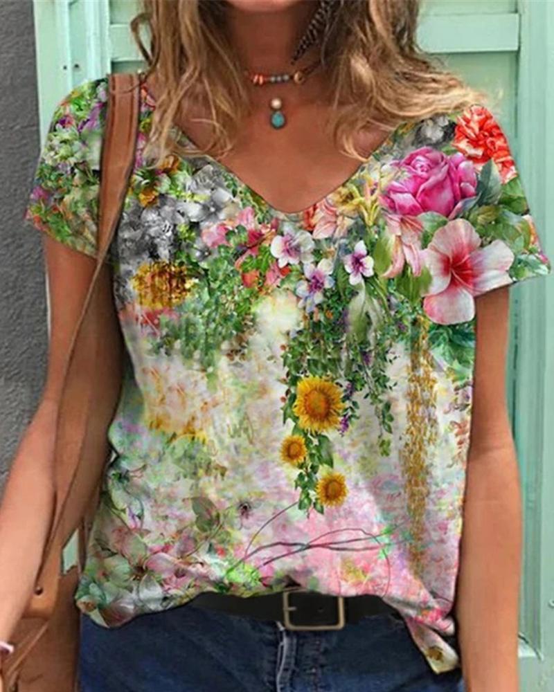 

Floral Print Short Sleeve T-Shirt, Style5