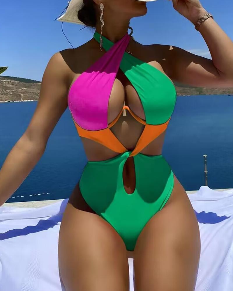 

Colorblock Cutout Backless Halter One-Piece Swimsuit, Green