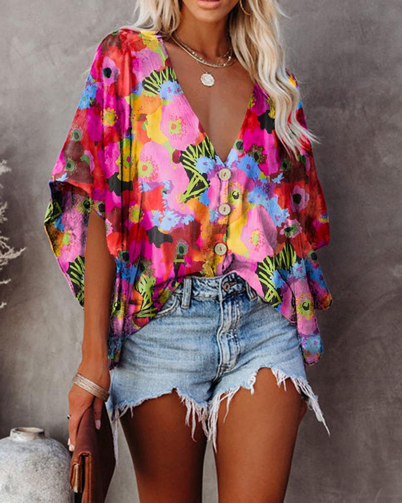 

Allover Print Flared Sleeve Top, Pink
