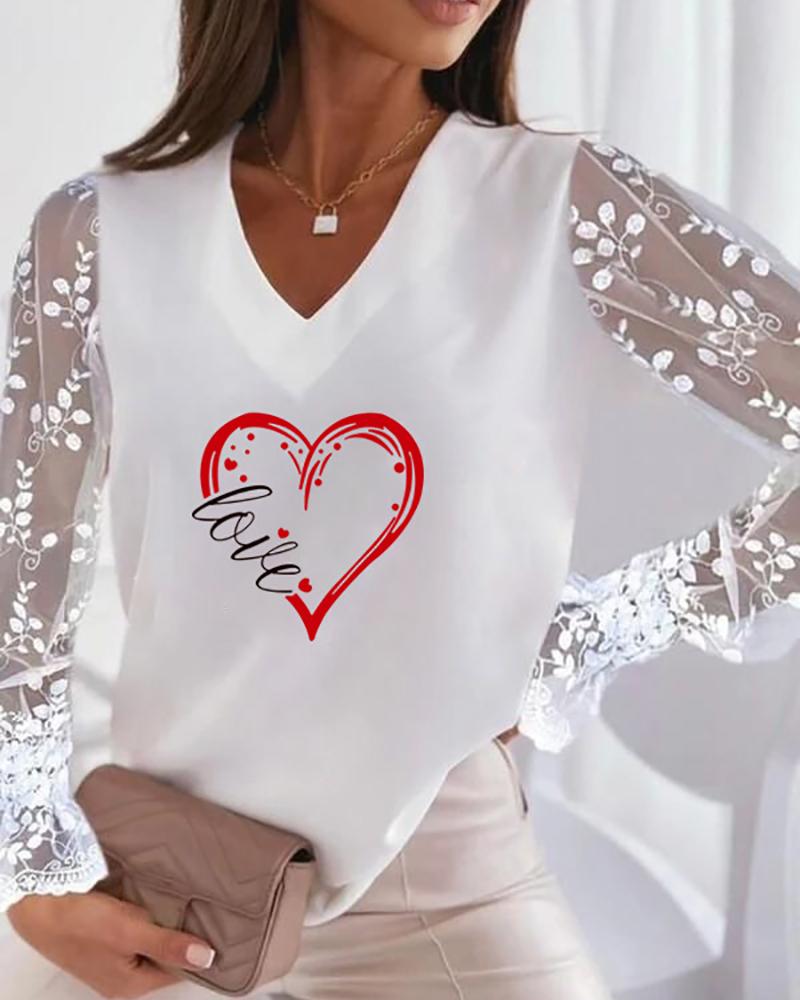 

V-Neck Letter Heart Print Top, White