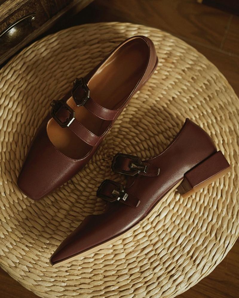 

Solid Pointed Toe Double Buckles Flat Slip-on, Wine red