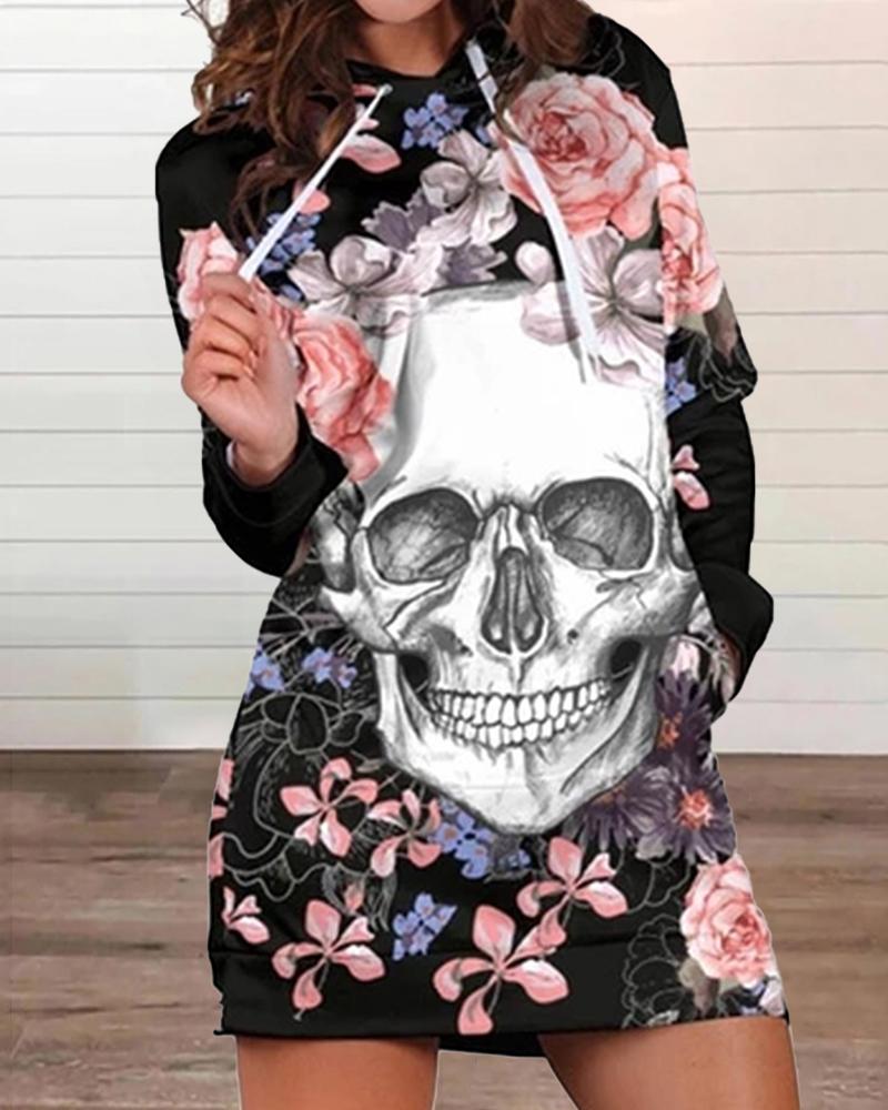 

Halloween Floral Skull Print Hooded Sweatshirt Dress, Black