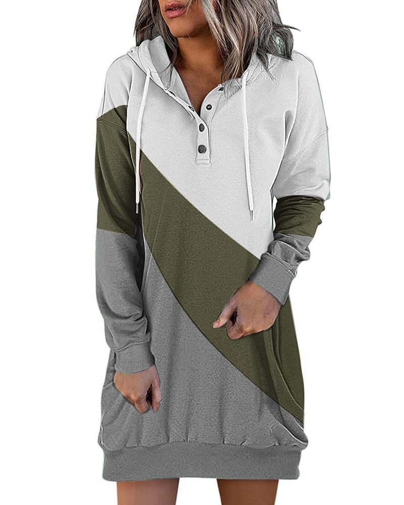 

Buttoned Colorblock Long Sleeve Hoodie, Green