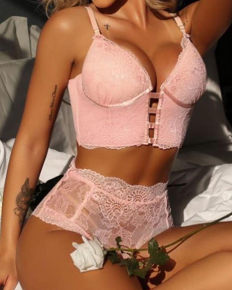 

Lace-up Crochet Lace V-Neck Lingerie Set, Pink