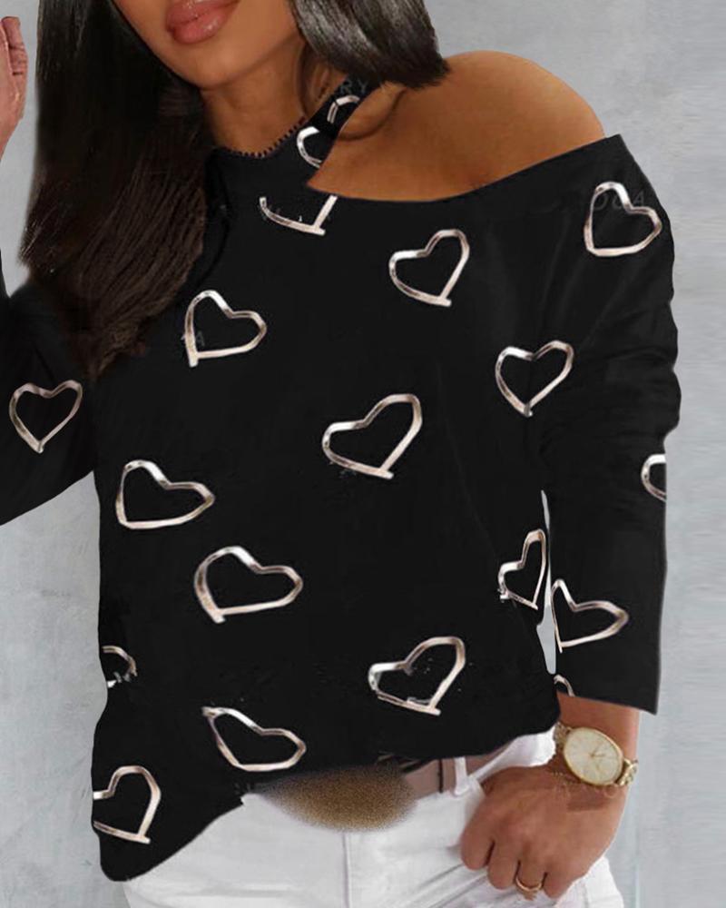 

Plus Size Heart Print Cold Shoulder Top, Black