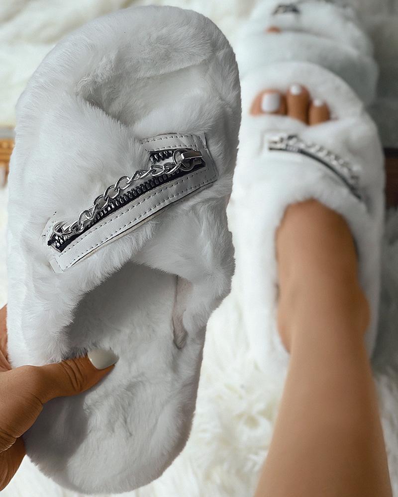

Zipper Design Crisscross Fuzzy Slippers, Beige