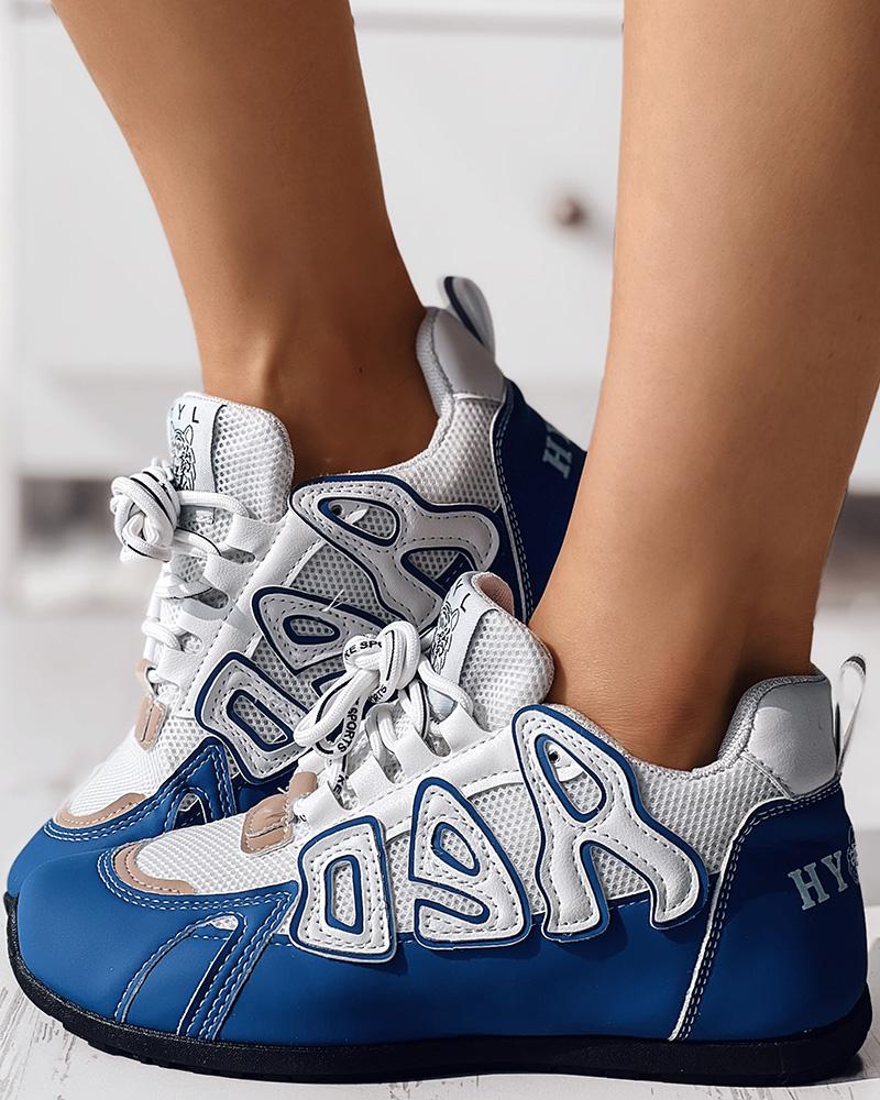

Letter Pattern Colorblock Breathable Sneakers, Blue&white