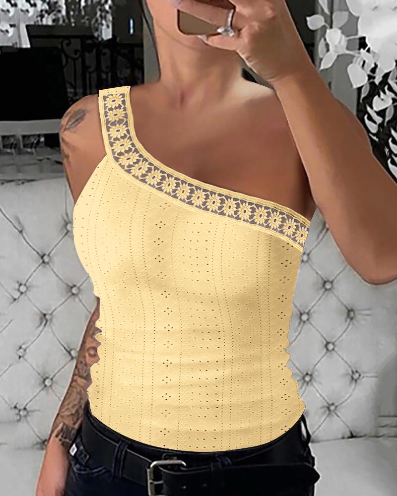 

One Shoulder Lace Patch Eyelet Embroidery Top, Light yellow