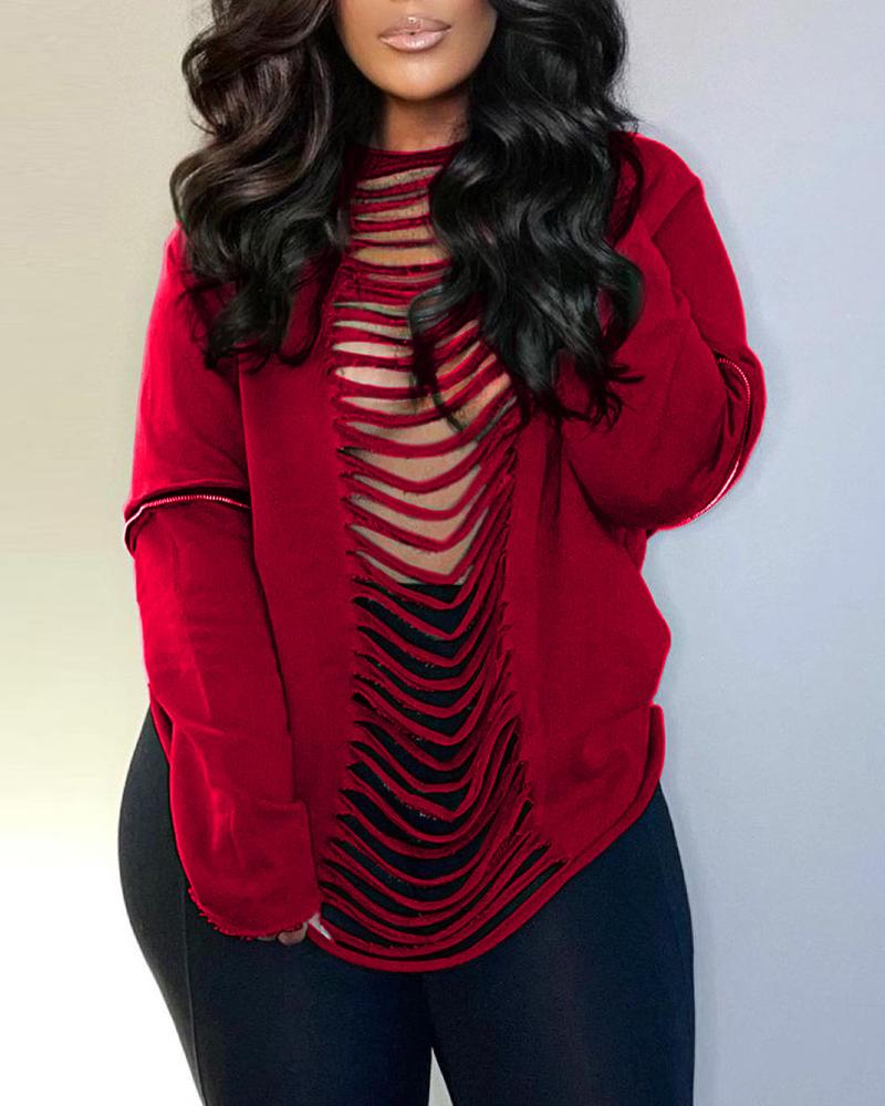 

Round Neck Ladder Cutout Long Sleeve Sweatshirt, Red
